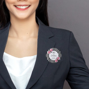40 fabulous pink roses black white stripes 6 cm round badge