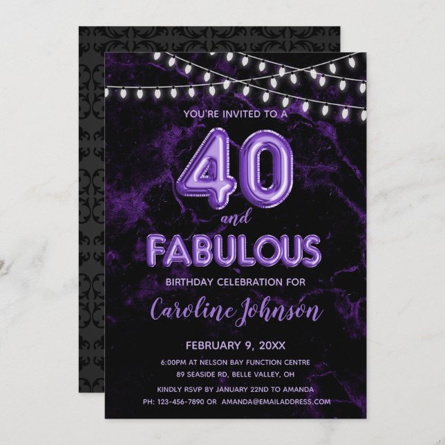 40 & Fabulous Purple Balloon Birthday Invitations (Front/Back)