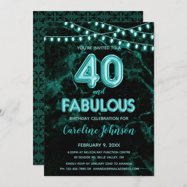 40 & Fabulous Teal Balloon Birthday Invitations (Front/Back)