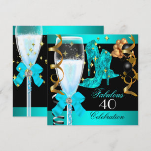 40 Fabulous Teal Blue Gold 40th Birthday Party Invitation