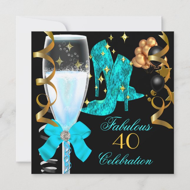 40 & Fabulous Teal Blue Gold Birthday Shoes Invitation (Front)
