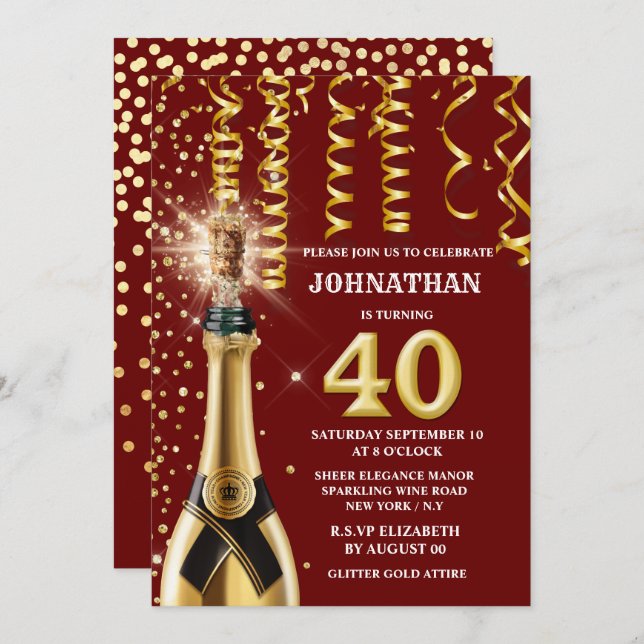 40 milestone sparkling wine burgundy gold glitter invitation (Front/Back)