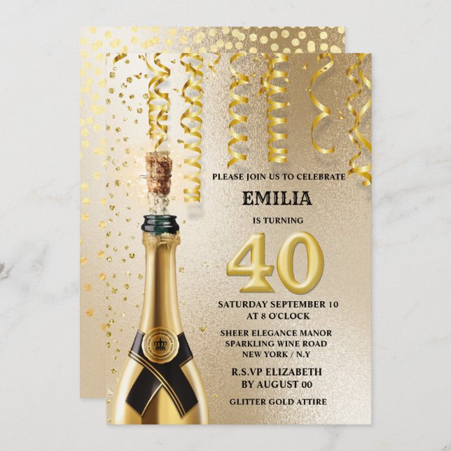 40 milestone sparkling wine faux gold glitter invitation (Front/Back)