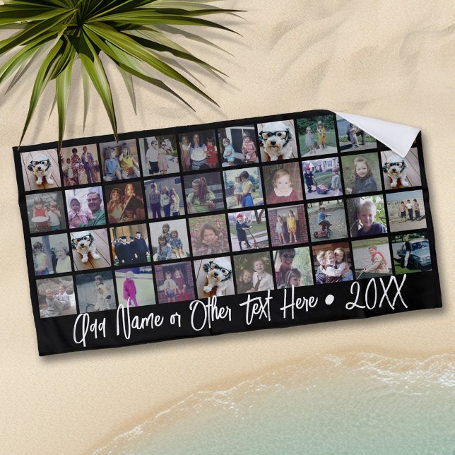 40 Photo Collage - 4 Rows 10 Columns - Script Name Beach Towel (Personalized beach towel with photos and text)