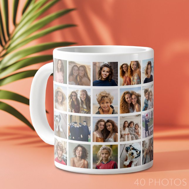 40 Photo Collage - 4 Rows 10 Columns - White Large Coffee Mug (Custom Photo Collage Mug)