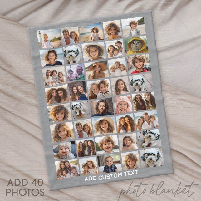 40 Photo Collage - 4 Rows 10 Columns - White Text Fleece Blanket (Custom Fleece Blanket with Photo Collage)