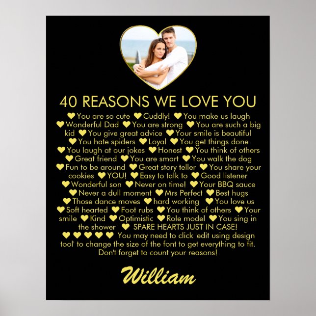 40 Reasons We Love You 40th Birthday Photo Heart Poster (Front)