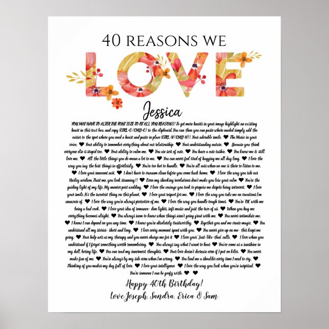 40 reasons we love you birthday gift mom sister poster (Front)