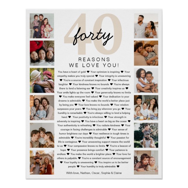 40 Reasons We Love You Birthday Keepsake Gift Poster (Front)
