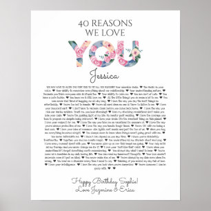 40 reasons why we love you pink blue floral poster