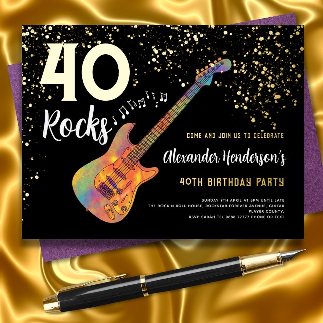 40 Rocks 40th Birthday Party Gold Glitter (Music theme 40th birthday party 40 Rocks retro psychedelic electric guitar gold foil invitation )