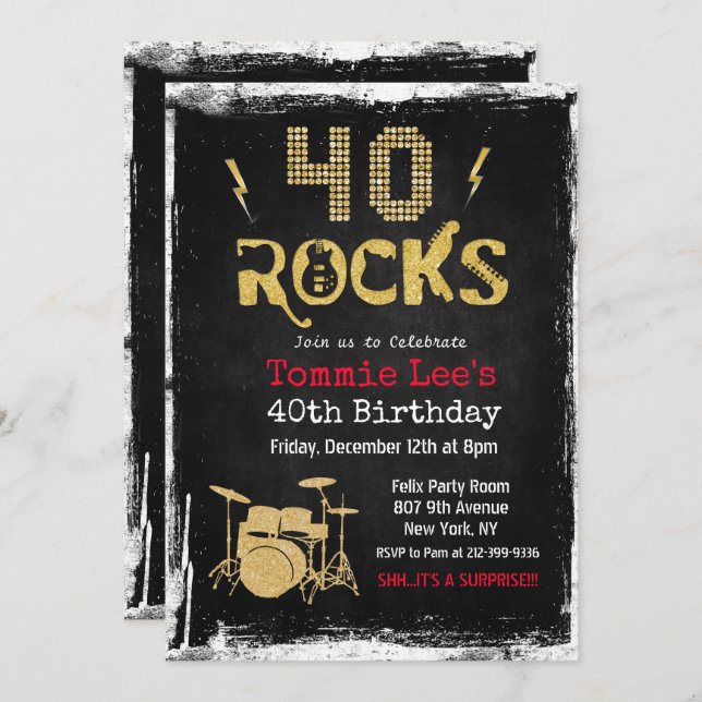 40 Rocks Rockstar Guitar 40th Birthday Invitation (Front/Back)