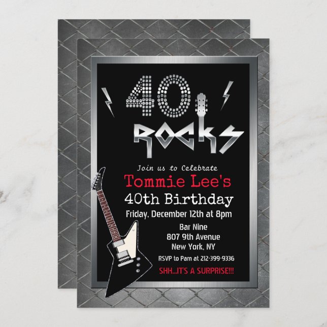 40 Rocks Rockstar Guitar 40th Birthday Invitation (Front/Back)