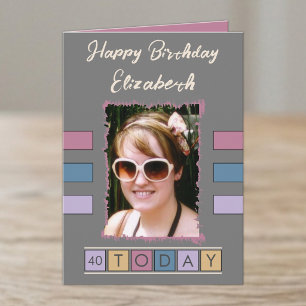 40 today add photo and name grey blue birthday card