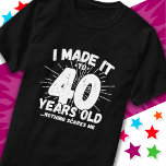 40 Year Old Sarcastic Meme Funny 40th Birthday T-Shirt<br><div class="desc">This funny 40th birthday design makes a great sarcastic humour joke or novelty gag gift for a 40 year old birthday theme or surprise 40th birthday party! Features 'I Made it to 40 Years Old... Nothing Scares Me' funny 40th birthday meme that will get lots of laughs from family, friends,...</div>