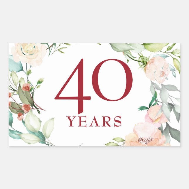 40 Years Roses Garland Ruby Wedding Anniversary Rectangular Sticker (Front)