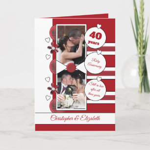 40 years Ruby anniversary red and white photo Card