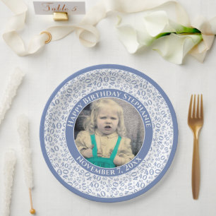 40 Your Photo Random Number Pattern Blue/White Paper Plate