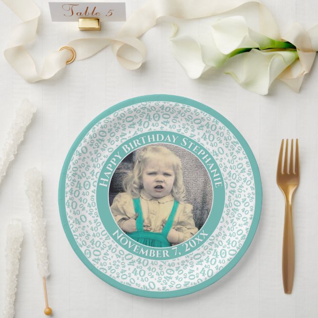 40 Your Photo Random Number Pattern Teal/White  Paper Plate (Wedding)