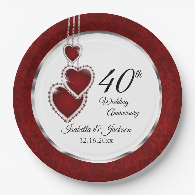 40th, 52nd or 80th Ruby Wedding Anniversary Paper Plate (Front)