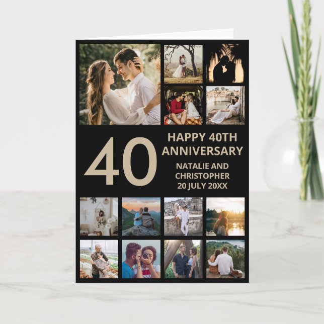 40th Anniversary 13 Photo Collage Black and Gold Card (Front)
