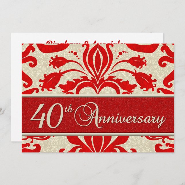 40th Anniversary Business Red Damask Invitation (Front/Back)