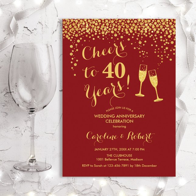 40th Anniversary - Cheers to 40 Years Red Gold Invitation (Creator Uploaded)