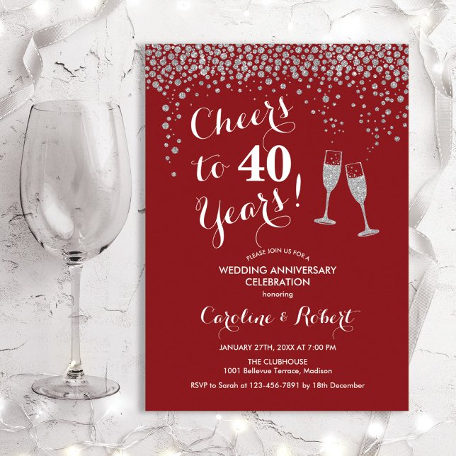 40th Anniversary - Cheers to 40 Years Silver Red Invitation (Creator Uploaded)