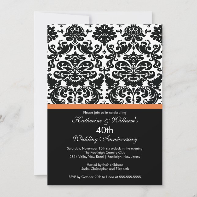 40th Anniversary Damask Invitation Coral Rose (Front)
