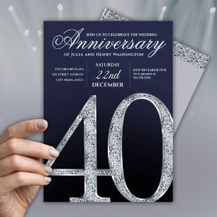 40th Anniversary Diamond Silver Navy Blue Modern Invitation