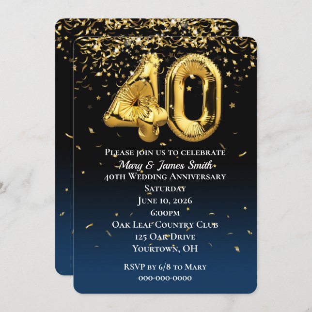 40th Anniversary Gold Balloons Confetti Invitation (Front/Back)