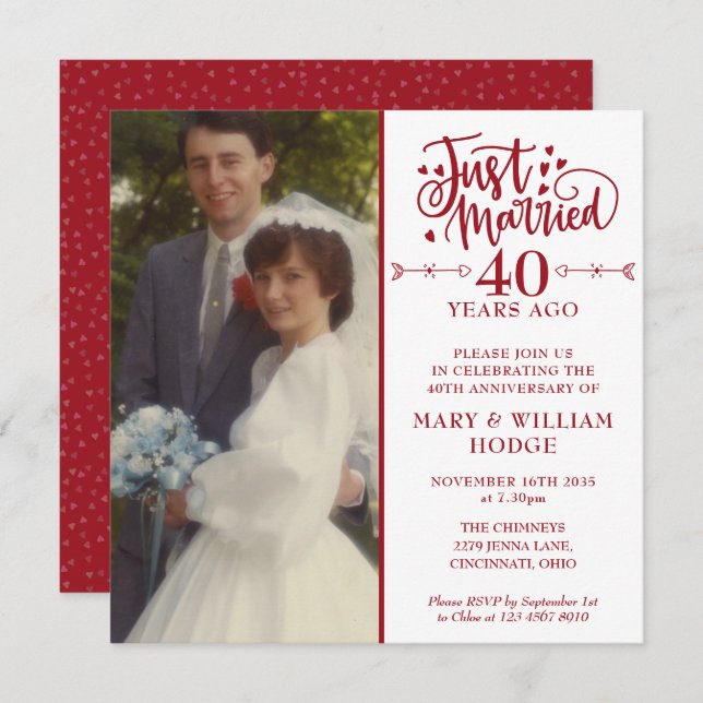 40th Anniversary Just Married Wedding Photo Square Invitation (Front/Back)