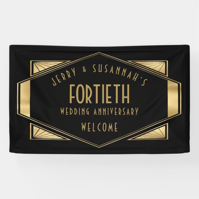 40th Anniversary Names Art Deco Gold Black Banner (Horizontal)