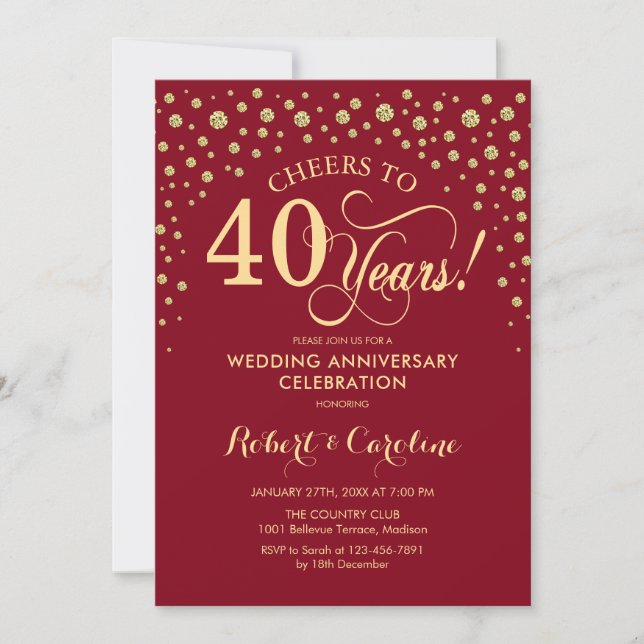 40th Anniversary Party - Ruby Red Gold Invitation (Front)