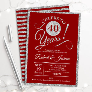 40th Anniversary Party - Ruby Red Silver Invitation