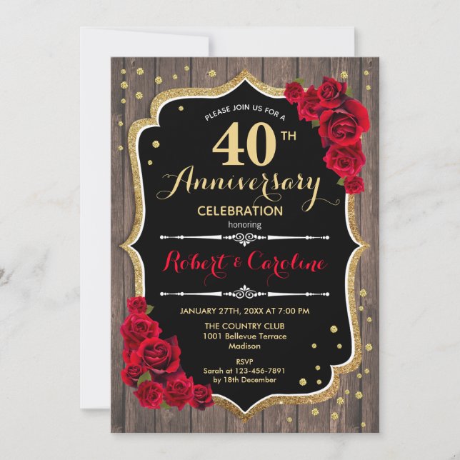 40th Anniversary - Red Gold Wood Invitation (Front)