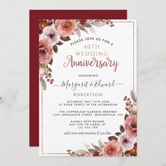 40th Anniversary Red Ruby, Rose Gold Blush Floral Invitation (Front/Back)