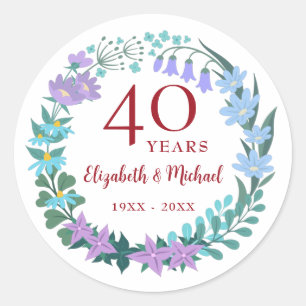 40th Anniversary Ruby Floral Bluebells Wreath Classic Round Sticker