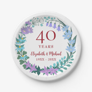 40th Anniversary Ruby Floral Bluebells Wreath Paper Plate