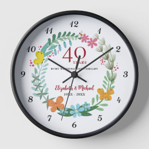 40th Anniversary Ruby Floral Butterfly Wreath Clock