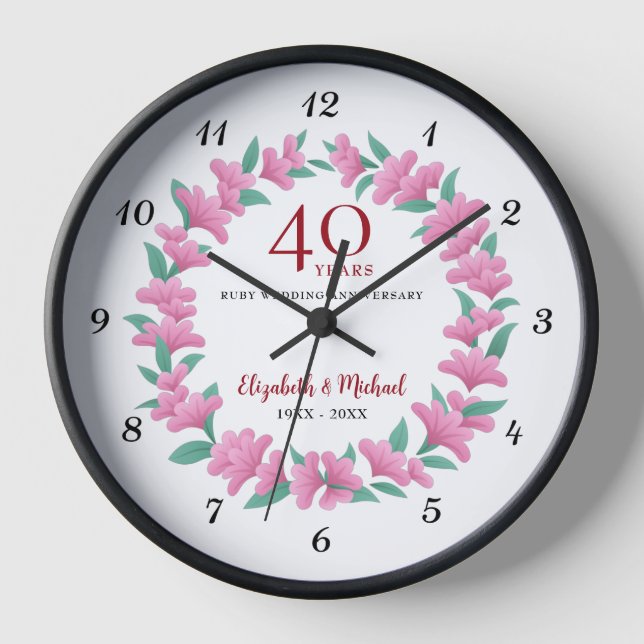 40th Anniversary Ruby Floral Pink Flowers Wreath Clock (Front)