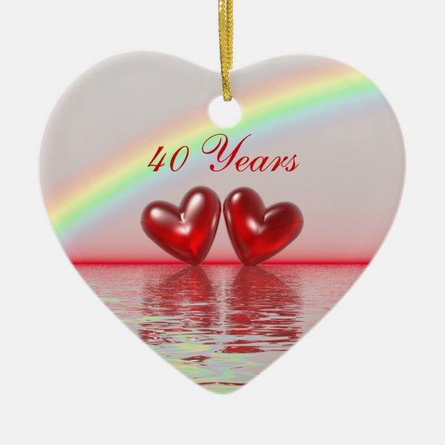40th Anniversary Ruby Hearts Ceramic Tree Decoration (Front)