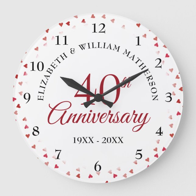 40th Anniversary Ruby Hearts Large Clock (Front)