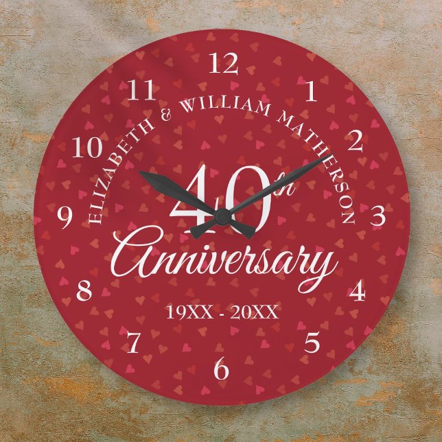 40th Anniversary Ruby Hearts Large Clock (40th Wedding Anniversary Ruby Hearts Large Clock)