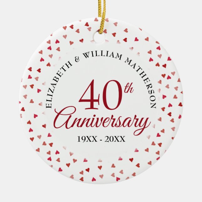40th Anniversary Ruby Hearts Photo Ceramic Tree Decoration (Front)