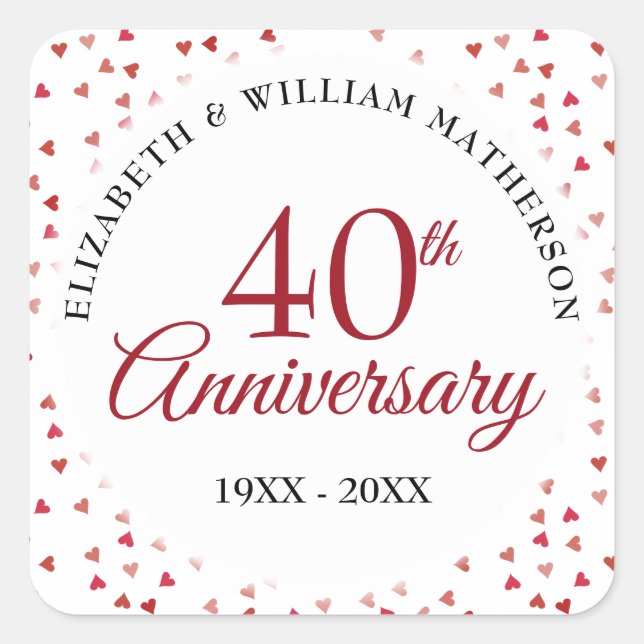40th Anniversary Ruby Hearts Square Sticker (Front)