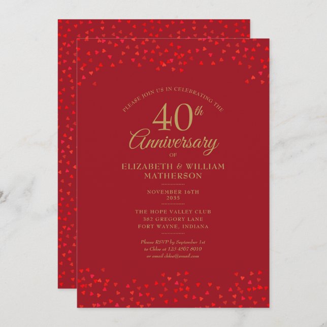 40th Anniversary Ruby Love Hearts Confetti Invitation (Front/Back)