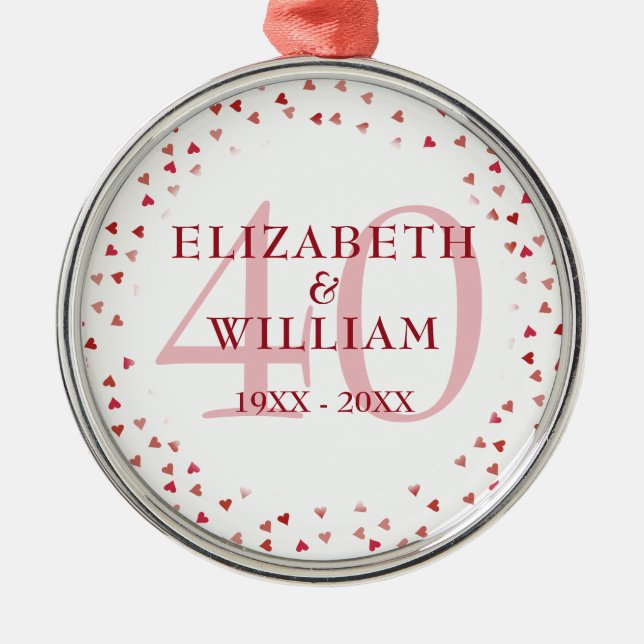 40th Anniversary Ruby Love Hearts Metal Tree Decoration (Front)