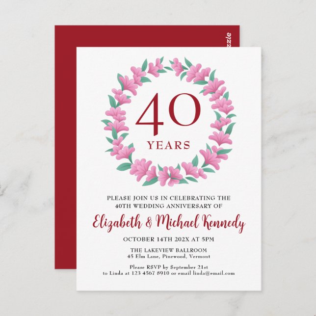 40th Anniversary Ruby Pink Green Wreath Invitation Postcard (Front/Back)