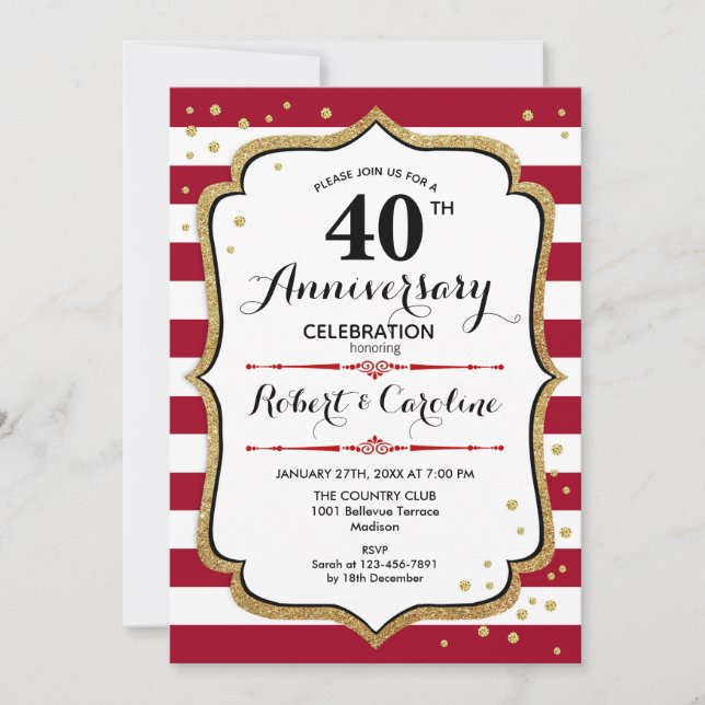 40th Anniversary - Ruby Red Gold White Invitation (Front)